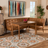 Baxton Studio BBT8051-Tan/Walnut-3PC Dining Nook Set Arvid Mid-Century Modern Tan Faux Leather Upholstered and Walnut Brown Finished Wood 3-Piece Dining Nook Set